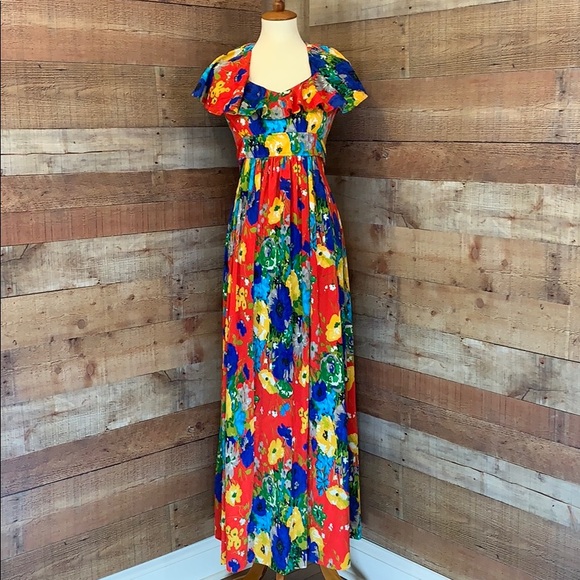 Vintage Dresses & Skirts - VINTAGE Red Yellow Blue Floral Muumuu Maxi Dress
